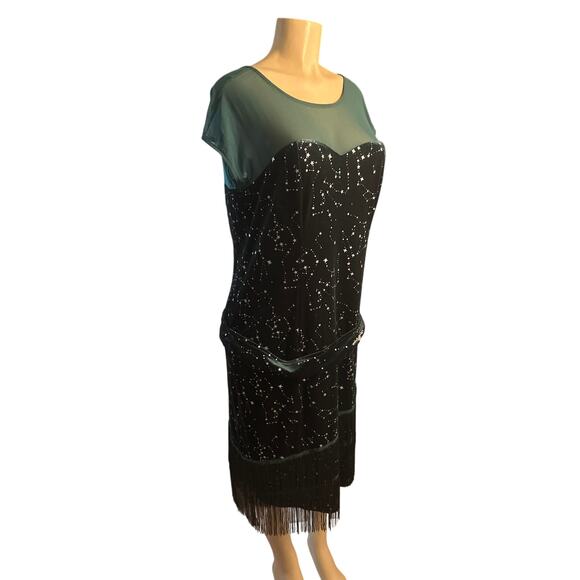 NWT Women XL 14 Unique Vintage Green Velvet Star Flapper Dress Costume 1920s - Picture 1 of 7